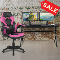 Flash Furniture BLN-X10D1904L-PK-GG Gaming Desk and Pink/Black Racing Chair Set /Cup Holder/Headphone Hook/Removable Mouse Pad Top - 2 Wire Management Holes